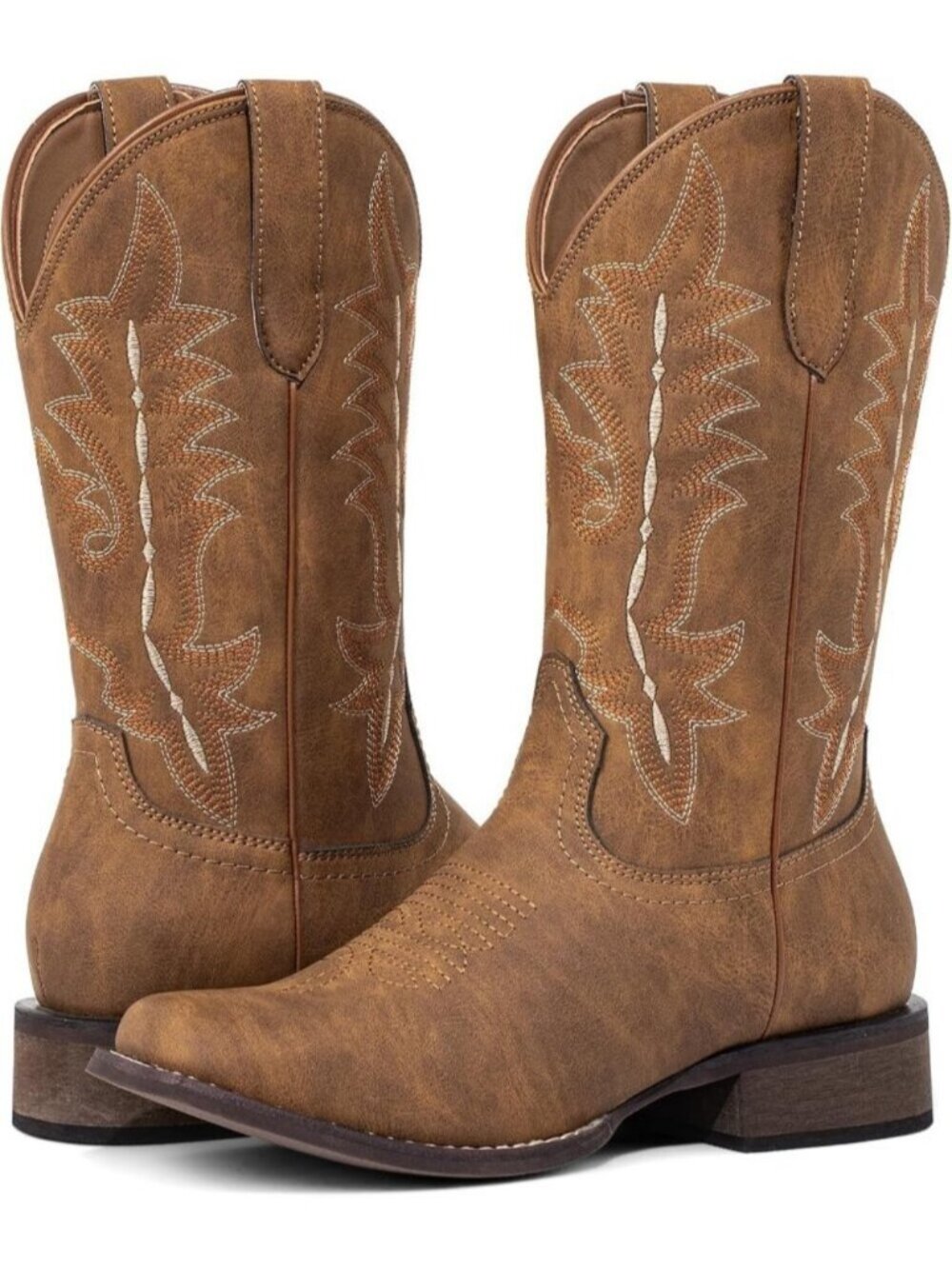 Women's Brown Cowgirl Boots Western Mid Calf Pull On Comfortable Square Toe